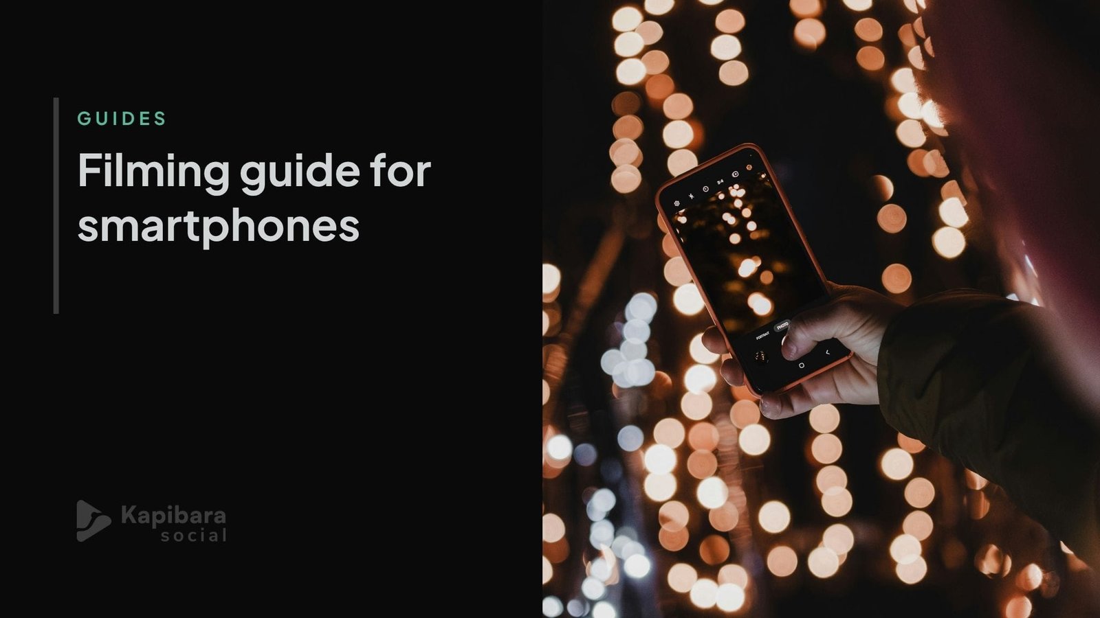A hand holding a smartphone with bokeh lights in the background, illustrating a guide to filming better video on your phone