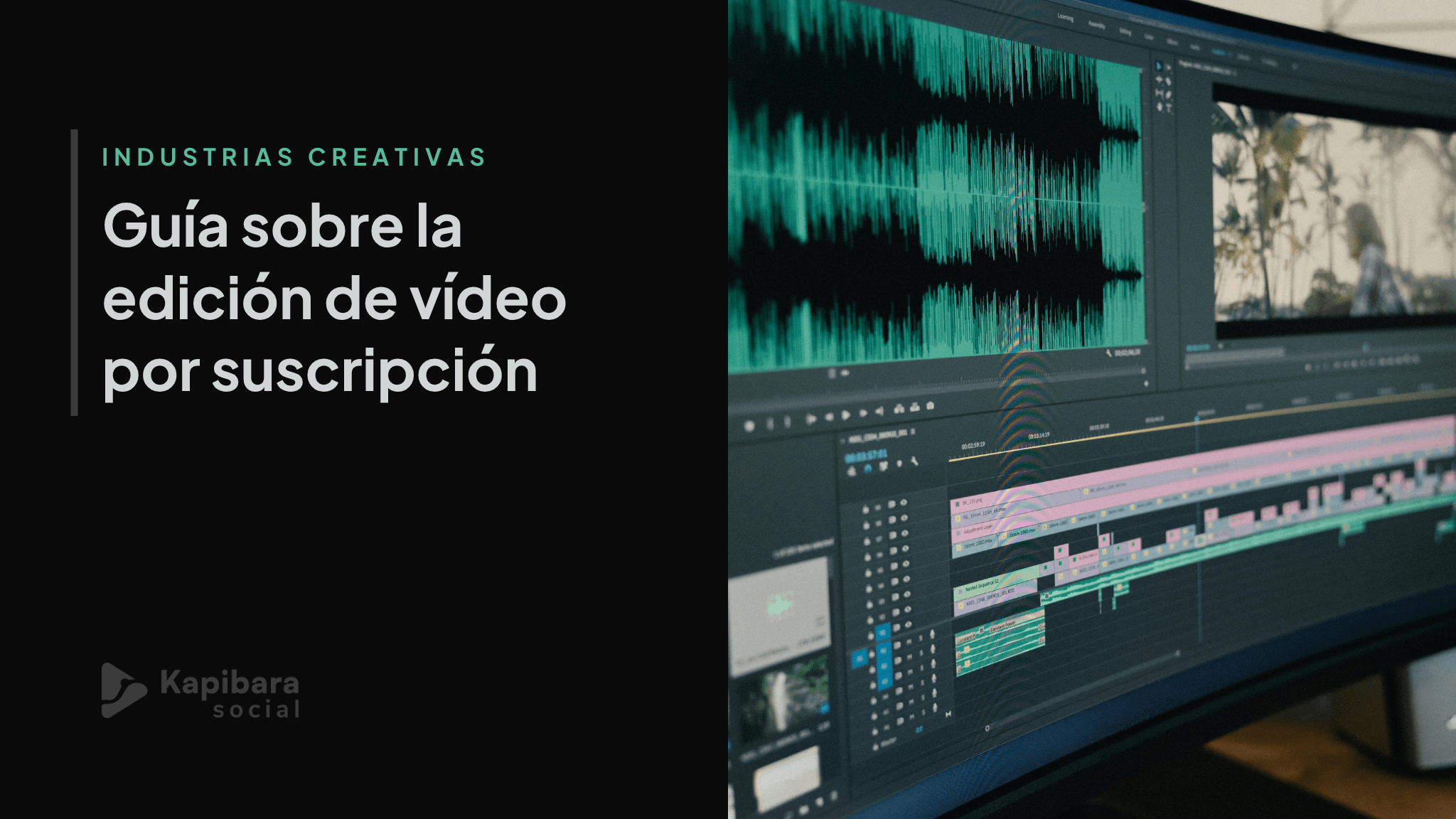 Una interfaz de corrección de color en una pantalla en un entorno de estudio oscuro, que ilustra una guía de edición de vídeo por suscripción